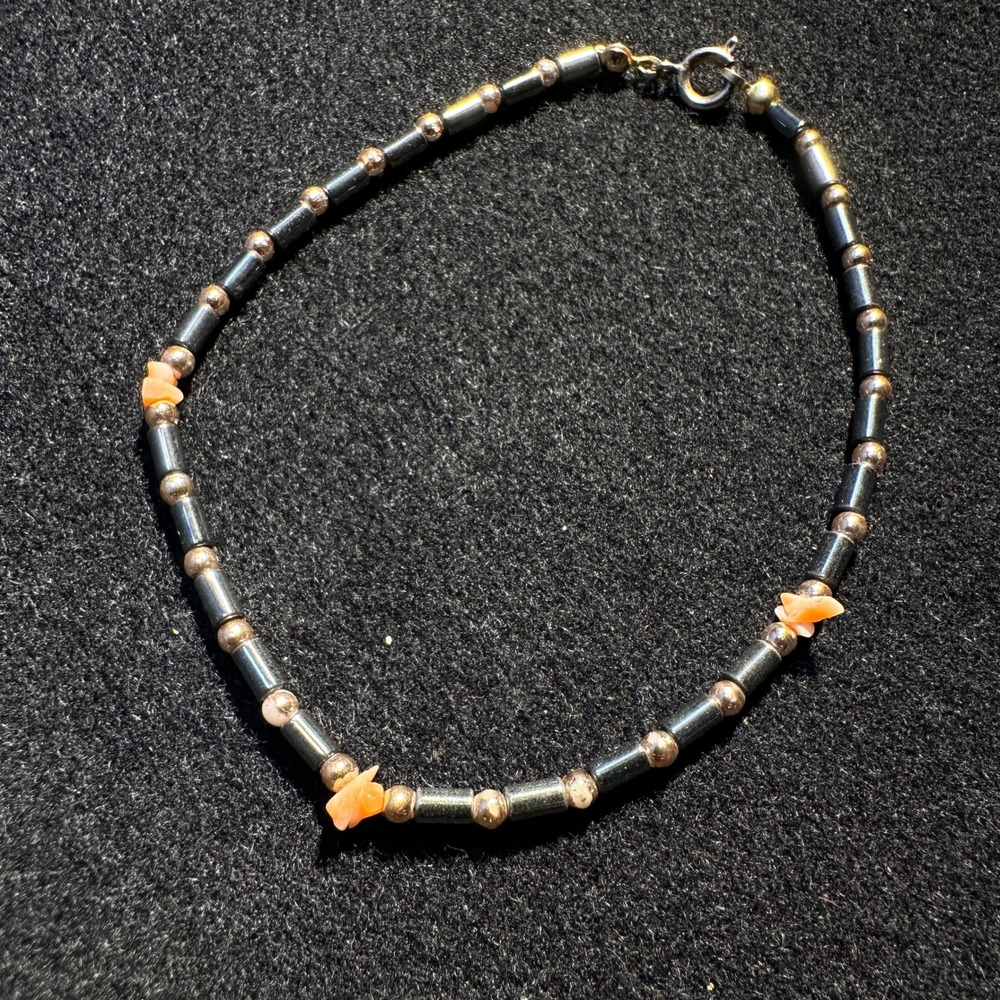 Hematite Style Black Gold Peach Coral Beaded Anklet Bracelet OS